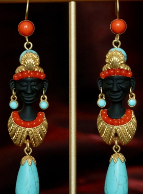 yuwelry欧美vintage中古黑摩尔古埃及人复古绿松石吊坠民族风耳环