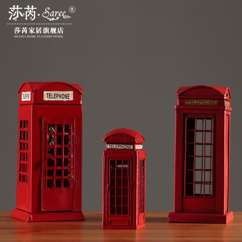 复古怀旧铁艺电话亭模型收纳存钱罐家居客厅酒柜电视柜装饰品摆件