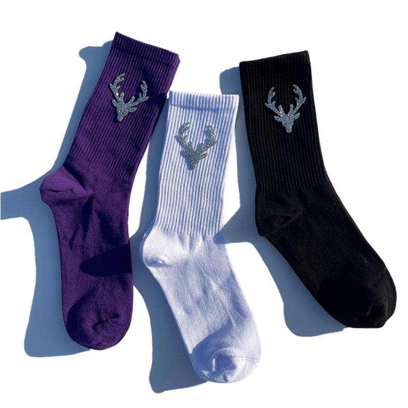 袜子纯色男女中筒钻鹿网红长棉袜