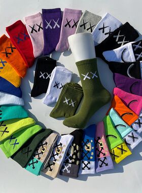 潮ins网红男女中筒袜子 紫色XX荧光绿橙学院风欧美街头滑板长棉袜