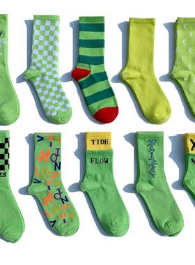 2双绿色潮ins网红男女中筒袜子日系学院风欧美街头条纹滑板长棉袜