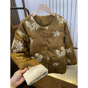 冬 国风提花棉衣短款 刺绣亮片圆领加厚棉服 焦糖棕气质百搭新中式