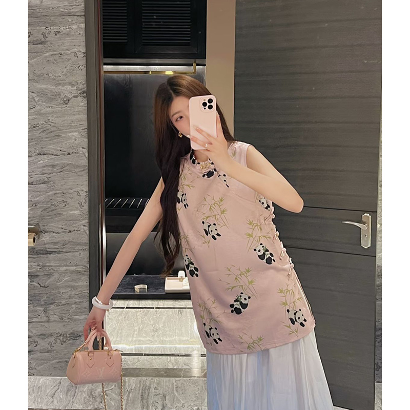 新中式国风包袖衬衫 浅色提花立领减龄年轻款熊猫图案上衣女夏季
