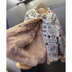 皮毛一体女装 重工刺绣真兔毛双面穿粉色毛毛上衣 皮草外套 新中式