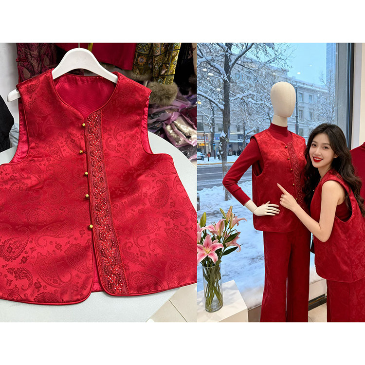 新年喜庆年服马甲坎肩 新中式国风重工钉珠绣红色马夹薄款上衣,女装/女士精品,上衣,淘宝优惠券,粉丝福利购,淘宝优惠卷