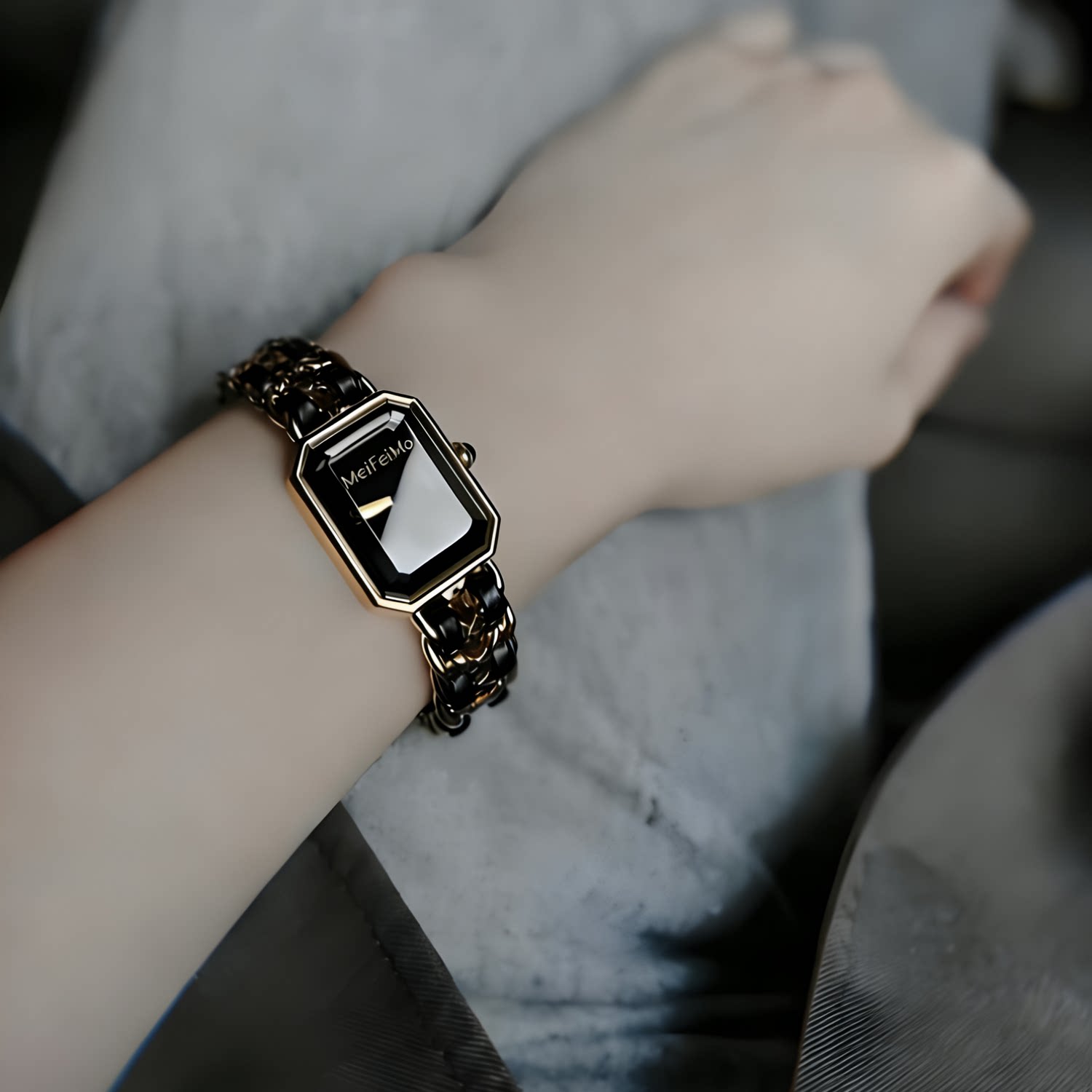 黑金小方糖小香风轻奢编织带女表