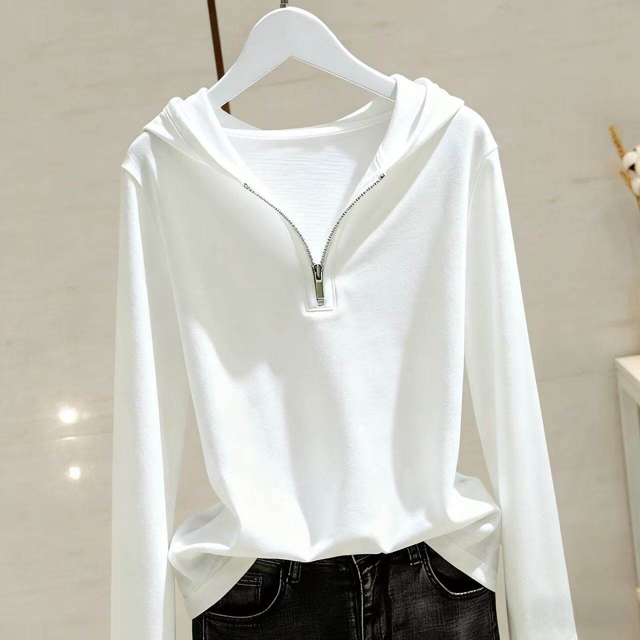 十三行新连帽纯色正肩长袖T恤休闲拉链宽松韩版上衣百搭显瘦女装