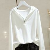 上衣百搭显瘦女装 十三行新连帽纯色正肩长袖 T恤休闲拉链宽松韩版