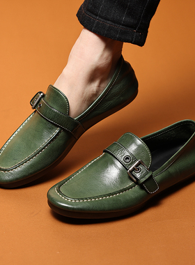 高端水洗马皮乐福鞋一脚蹬时尚豆豆鞋潮流软皮休闲皮鞋绿色男鞋