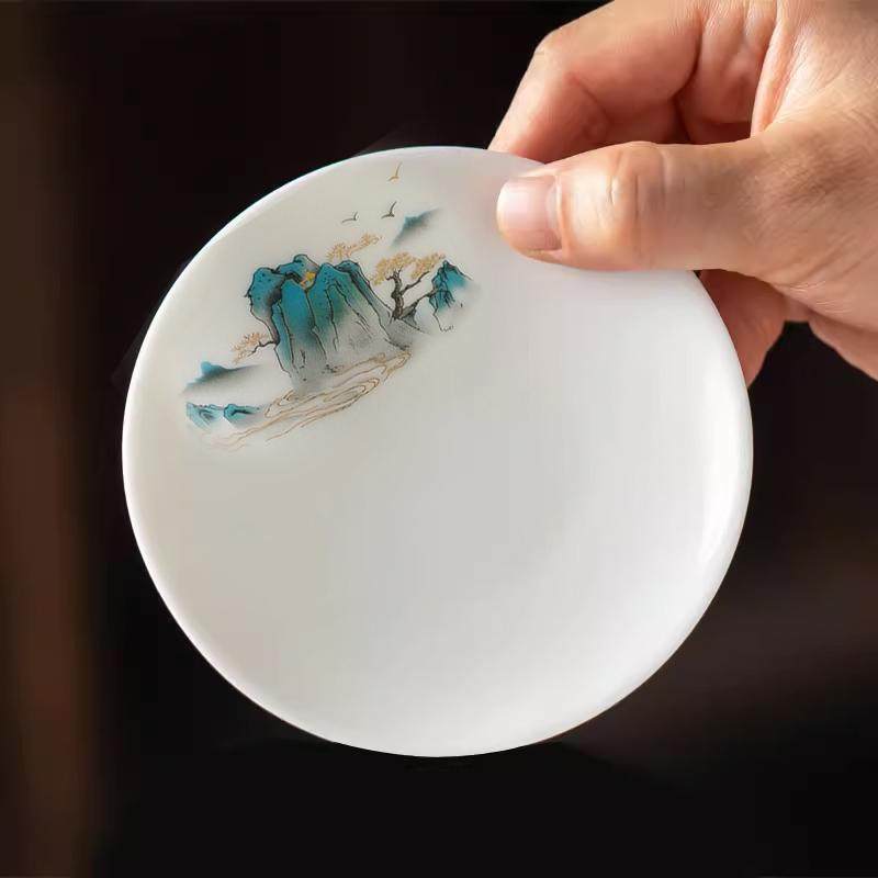 白色陶瓷杯垫防烫茶杯杯托羊脂玉瓷水墨山水图案茶道配件隔热垫