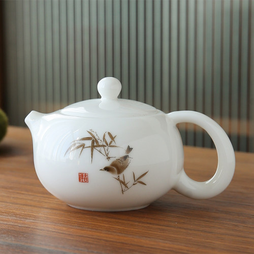 花鸟图案羊脂玉瓷大号西施壶茶壶