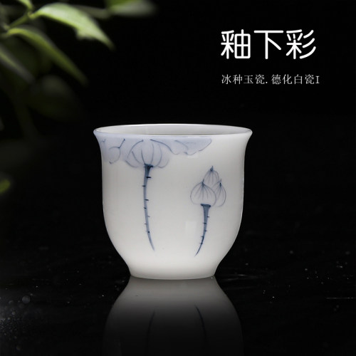 55ml釉下彩手绘青花小号主人杯亮光冰种玉瓷女士茶杯反口品茗杯