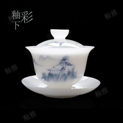 青花手绘山水釉下彩悬停盖碗璞玉