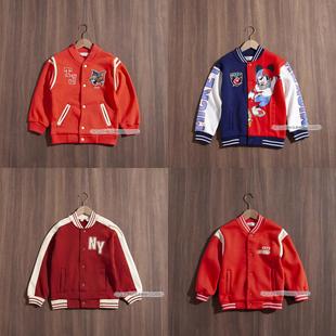 HM春秋季新款男童可爱卡通撞色暗扣薄拉绒无帽棒球服儿童外套上衣