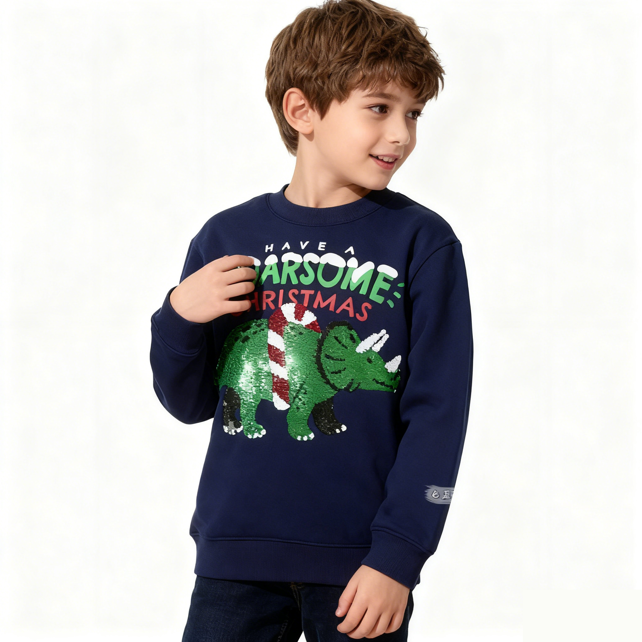 春秋季新款HM男童恐龙亮片可翻转变色男孩薄拉绒抓绒卫衣儿童上衣