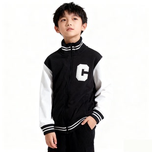 HM秋冬季新款男孩学生帅气拉链棒球服抓绒撞色字母外套