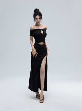 Kilonova原创欧美性感黑色镂空一字肩开叉连衣裙纯色修身气质长裙