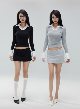 Kilonova翻领假两件拼接撞色长袖T恤女纯欲辣妹性感修身百搭上衣