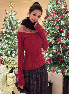 kilonova纯欲风一字肩长袖麻花毛衣针织衫内搭修身纯色露肩上衣女