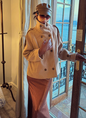 kilonova高级感气质立领双排扣短款毛呢外套秋冬驼色时尚呢子大衣