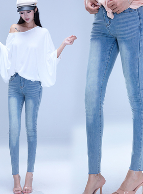 Kilonova弹力提臀高腰牛仔小脚裤修身显瘦水洗百搭蓝色小脚铅笔裤