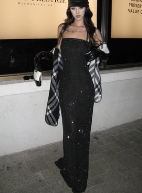 kilonova黑色烫钻抹胸连衣长裙高级感气质御姐名媛晚礼服长裙