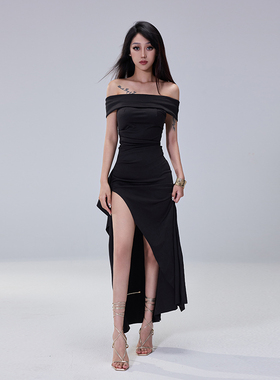Kilonova法式气质一字肩开叉礼服裙连衣裙高级名媛设计感小众长裙