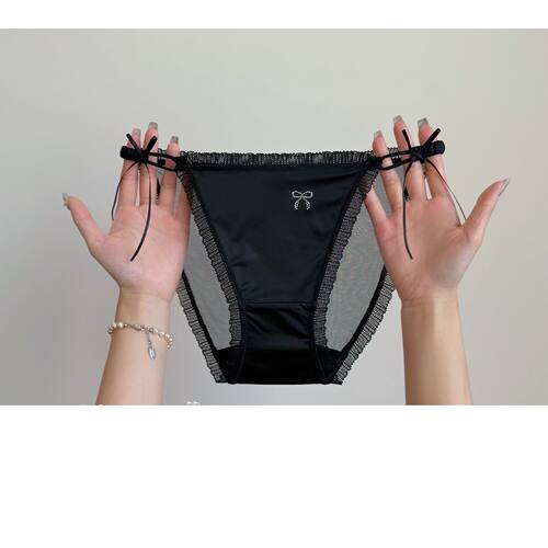 黑色细带蝴蝶结透明诱惑网纱三角裤性感缎面蕾丝内裤女纯欲高开叉