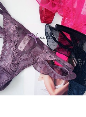 法式三角内裤镂空纯欲棉裆黑色浪漫撞色交叉丁字少女蕾丝网纱紫色