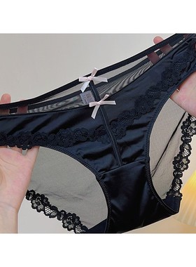 低腰诱惑包臀透明三角裤黑色高级纯欲性感蝴蝶结缎面蕾丝内裤女人