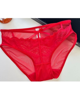 大红色欧美性感蕾丝内裤女提花网纱三角裤低腰镂空纯欲少女内裤头