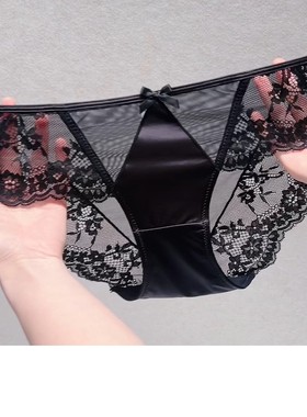 2025新款无痕女士三角裤冬天法式纯欲风缎面蕾丝内裤女扔性感黑色