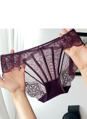 紫色网纱镂空无痕棉裆包臀清透纯欲性感欧美时尚女士三角内裤蕾丝