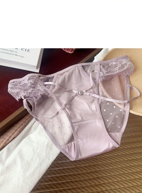 淡雅紫色女士三角内裤棉裆低腰欧美法式少女缎面蕾丝网纱黑色性感