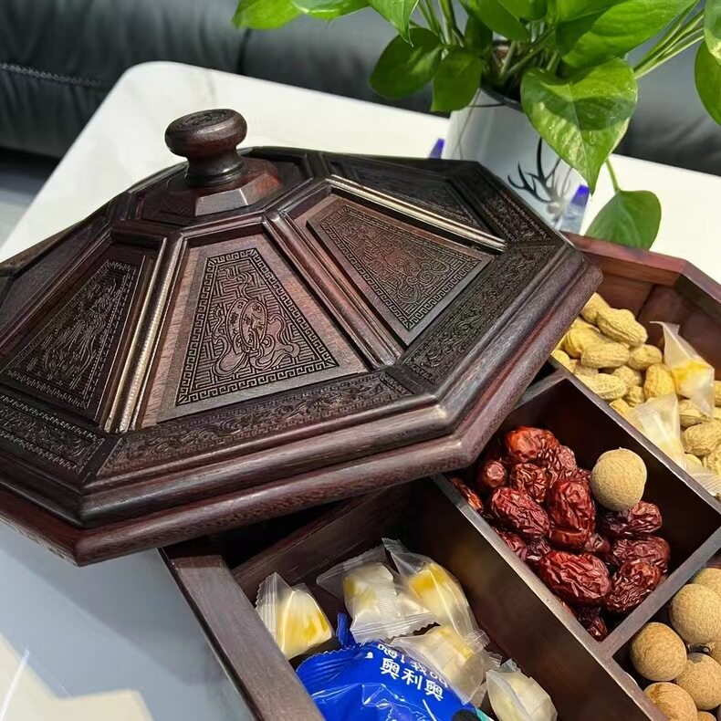 酸枝雕花活动八角果盘红木素面瓜果零食盘九格点心盒客厅家居装饰