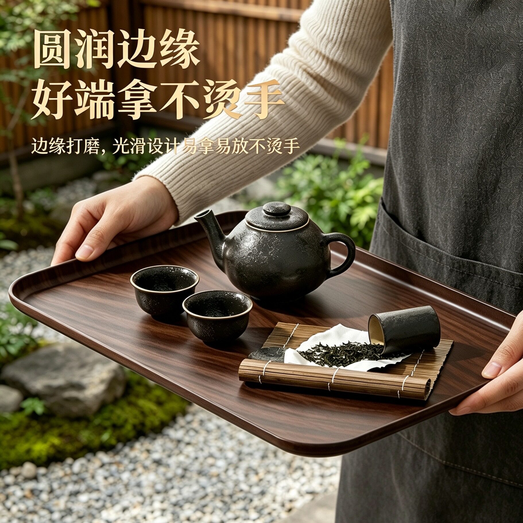 H仿木纹托盘新中式复古长方形茶
