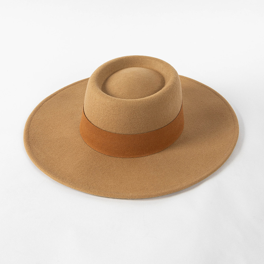 欧美秋冬新款时尚休闲绒皮装饰高圆环顶大檐羊毛礼帽网红凹造型帽