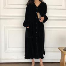 Cherrykoko春秋季韩版灯芯绒长袖连衣裙女韩版宽松单排扣长裙