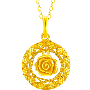 新款周大福爆闪玫瑰花园足金黄金吊坠女计价礼物EOF1235