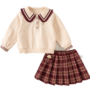 戴维贝拉女童半裙套装2026春秋海军领红格百褶裙学院风制服两件套