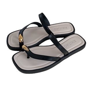 细细条 法式简约平底夹脚拖鞋女士夏季新款外穿高级感拼色人字拖