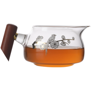 苏氏陶瓷 玻璃木把公道杯功夫茶具分离器高硼玻璃木雀梅花倒茶杯