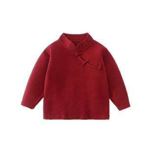 齐齐熊新中式毛衣男童立领套头衫2025冬装新年儿童红色宝宝年服潮