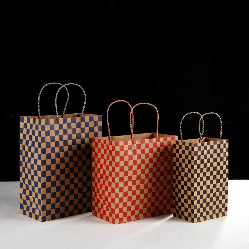欧式方格牛皮纸袋彩色纸质手提包装袋机制袋现货直销