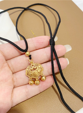 镂空祥云长命锁吊坠黑绳子项链女越南沙金福字铃铛锁骨链久不掉色