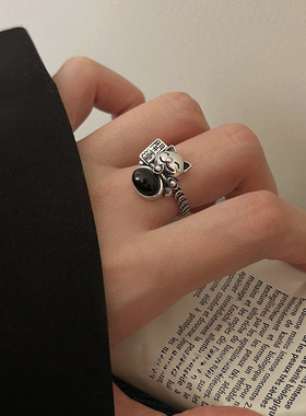 黑玛瑙招财猫泰银银戒指女小众可爱灵动简约复古银风指环甜酷高级