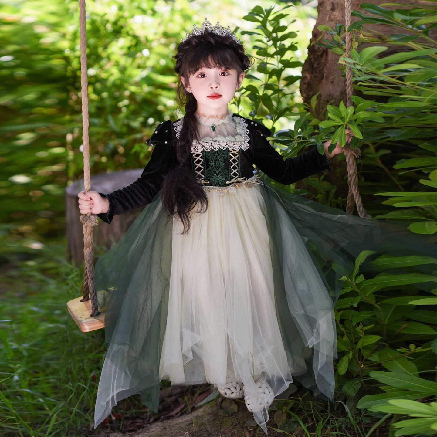 lolita女童墨绿色连衣裙现货夏季