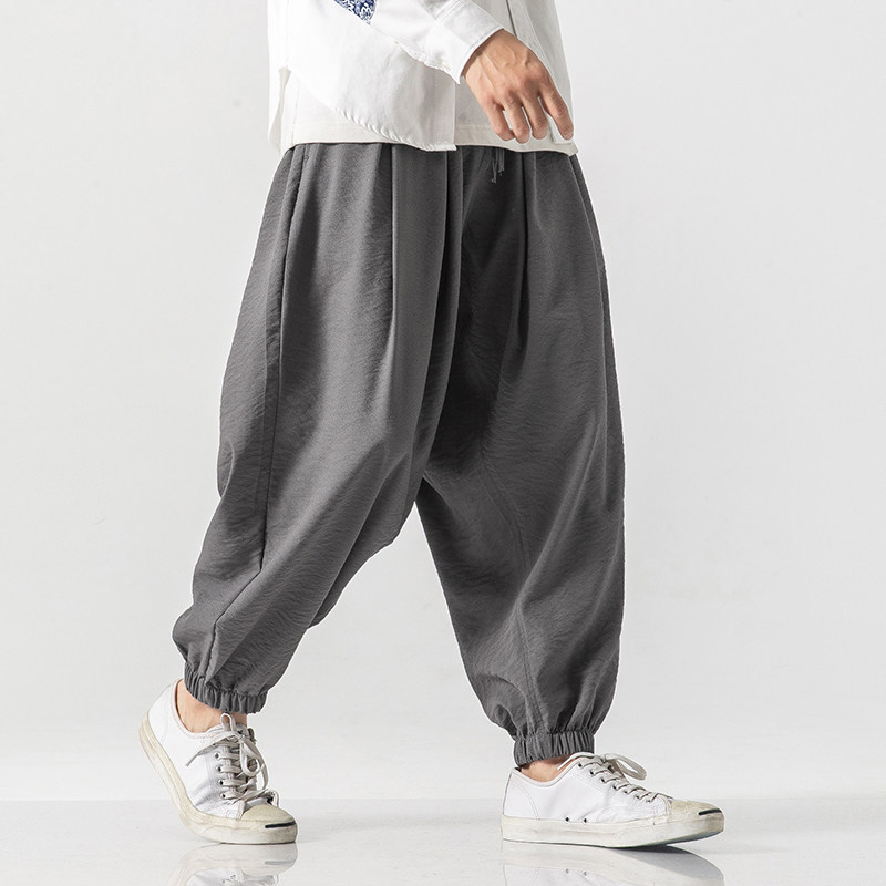 港风休闲裤夏季日系9分长裤束脚哈伦灯笼裤棉麻风K76/P65，男装休闲裤，电商A221A