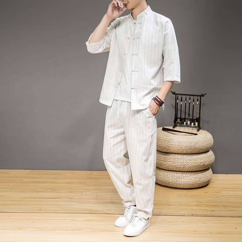 宽松文艺棉麻条纹套装男立领衬衫哈伦休闲裤两件套 TZ68/100图片