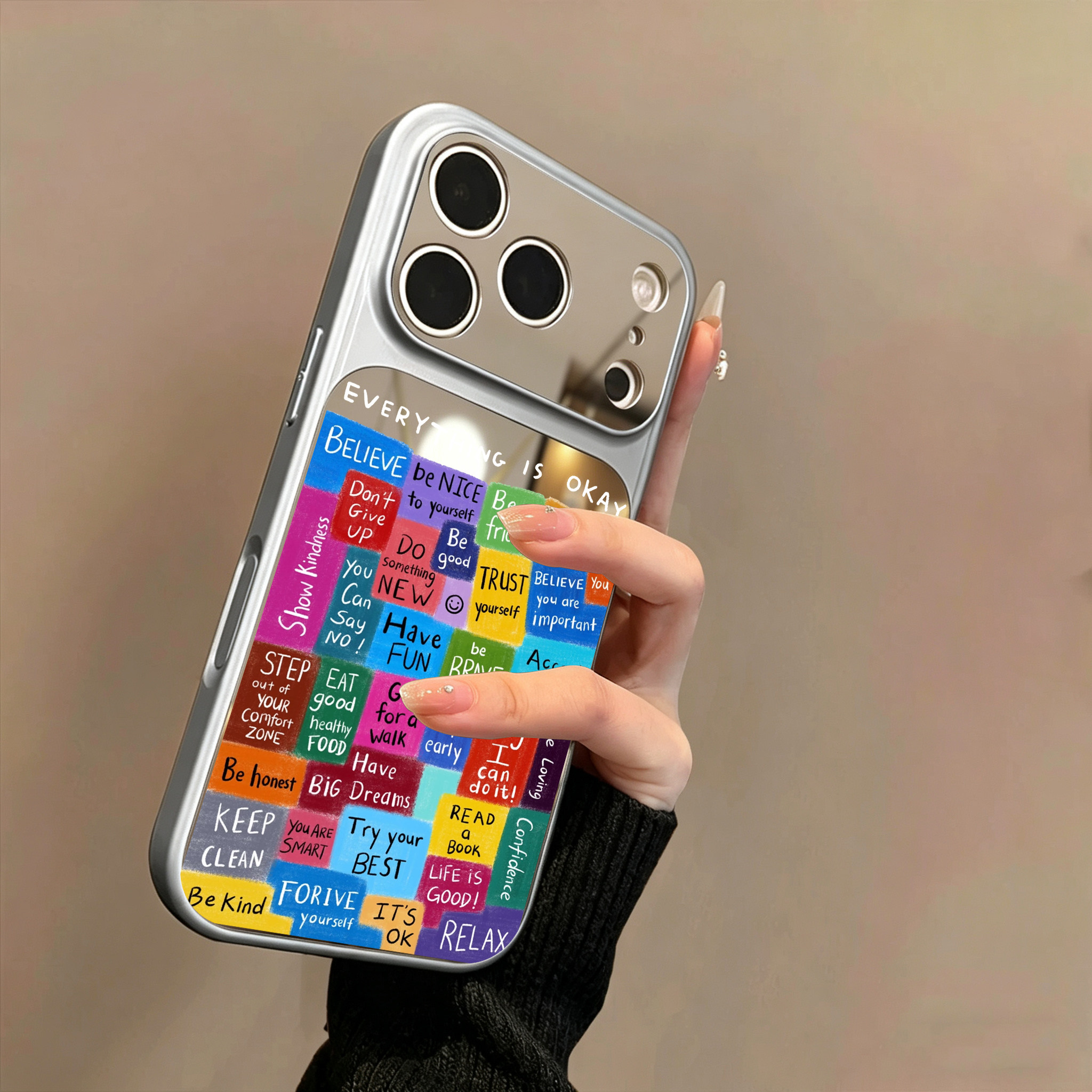 ins风一切都会好起来的适用iPhone17苹果14手机壳16ProMax高级皮纹15镜面14极简补妆镜13电镀银12女X大视窗11图片